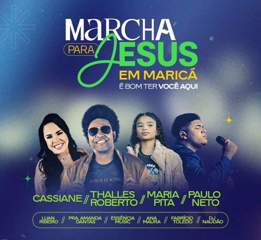 A Prefeitura de Maricá, por meio das secretarias de Assuntos Religiosos, Promoção de Eventos, e Turismo, Comércio, Indústria e Mercado Interno, promove neste sábado (30/08) a 16ª edição da Marcha para Jesus, evento tradicional do calendário cristão municipal. Entre as atrações confirmadas estão grandes nomes da música gospel, como Cassiane, Thalles Roberto, Maria Pita e Paulo Neto, além de outros artistas convidados que prometem conduzir o público em momentos de louvor, fé e adoração. A concentração dos participantes terá início às 14h, na Avenida Vereador Francisco Sabino da Costa, nas proximidades da sede da 6ª Companhia da Polícia Militar. De lá, os fiéis seguirão em marcha até a Praça Orlando de Barros Pimentel, no Centro, onde acontecerão os shows de encerramento. A Marcha para Jesus é um evento gratuito, aberto a toda a população, e reúne anualmente milhares de pessoas de diferentes denominações cristãs de Maricá e de cidades vizinhas. A celebração foi instituída pela Lei Municipal nº 2.309/2009, sendo realizada sempre no último sábado do mês de agosto.